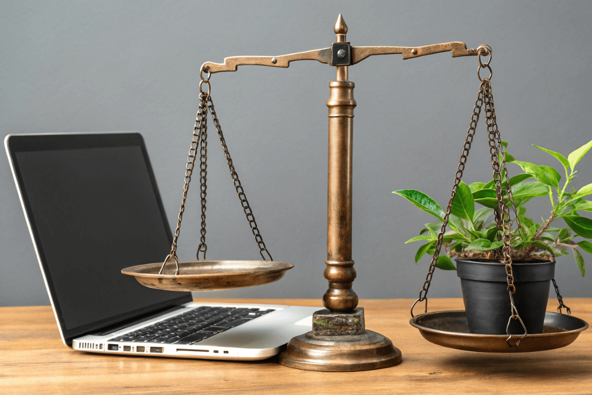 Balança equilibrada com um notebook e uma planta, simbolizando o equilíbrio entre trabalho e vida pessoal