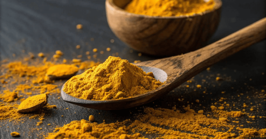 Colher de madeira com cúrcuma em pó