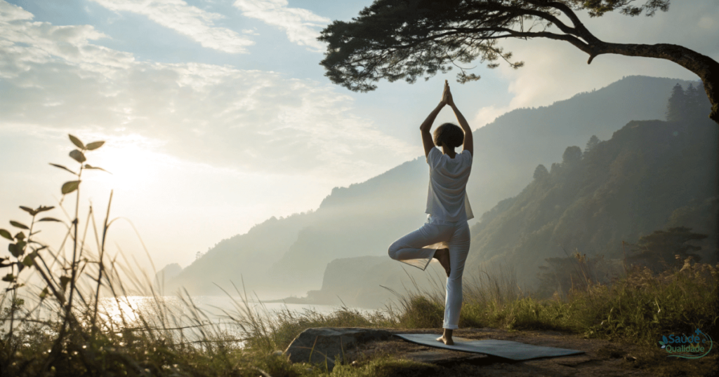 Foto de uma pessoa praticando ioga ou meditação ao ar livre