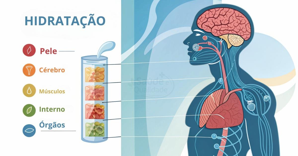 Infográfico mostrando os benefícios da hidratação para diferentes partes do corpo