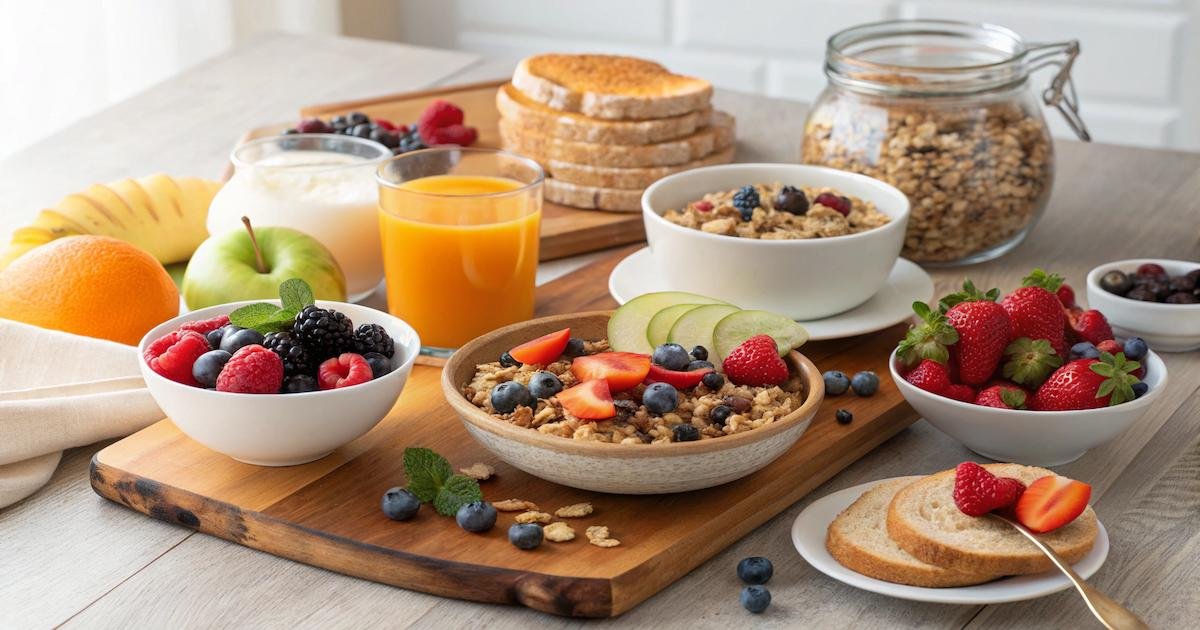 Mesa posta com opções saudáveis de café da manhã, incluindo frutas, cereais integrais e proteínas