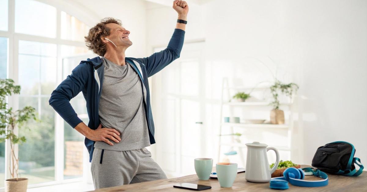 Pessoa demonstrando satisfação e energia após seguir uma rotina matinal saudável.