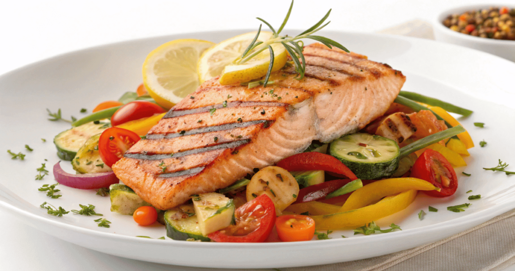 Prato de salmão grelhado com legumes coloridos