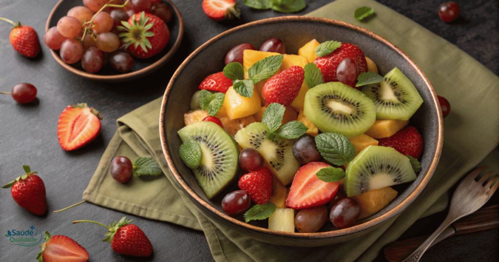 Salada de frutas com kiwi, morango e uvas