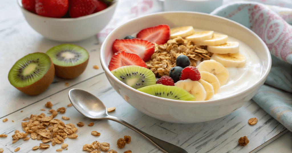 Tigela de iogurte natural com frutas frescas
