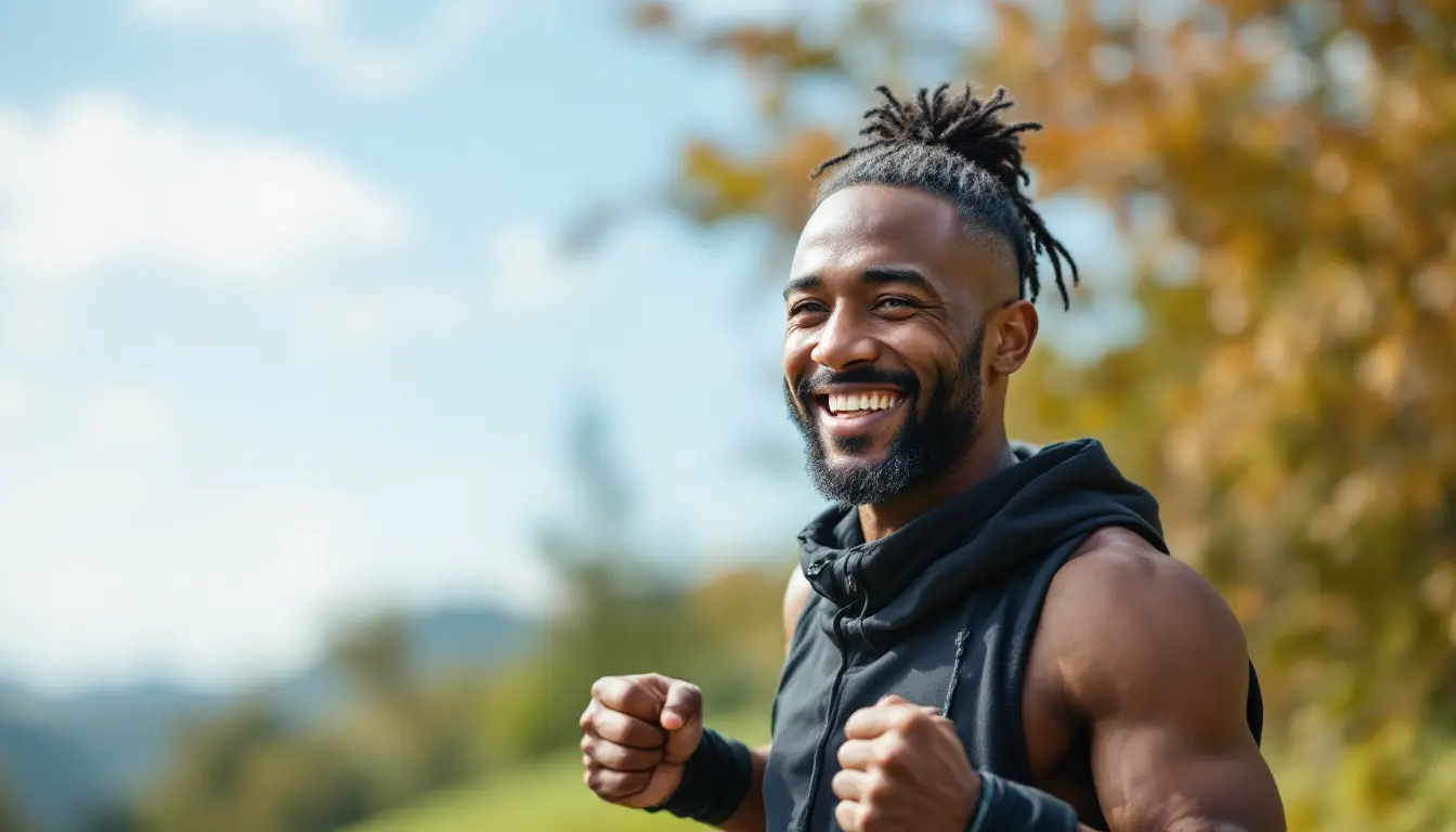 Pessoa sorrindo enquanto se exercita ao ar livre
