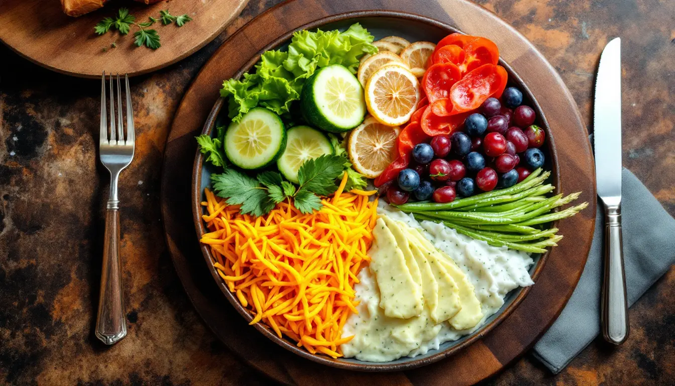 Prato dividido em seções com diferentes alimentos representando a proporção ideal de cada grupo alimentar