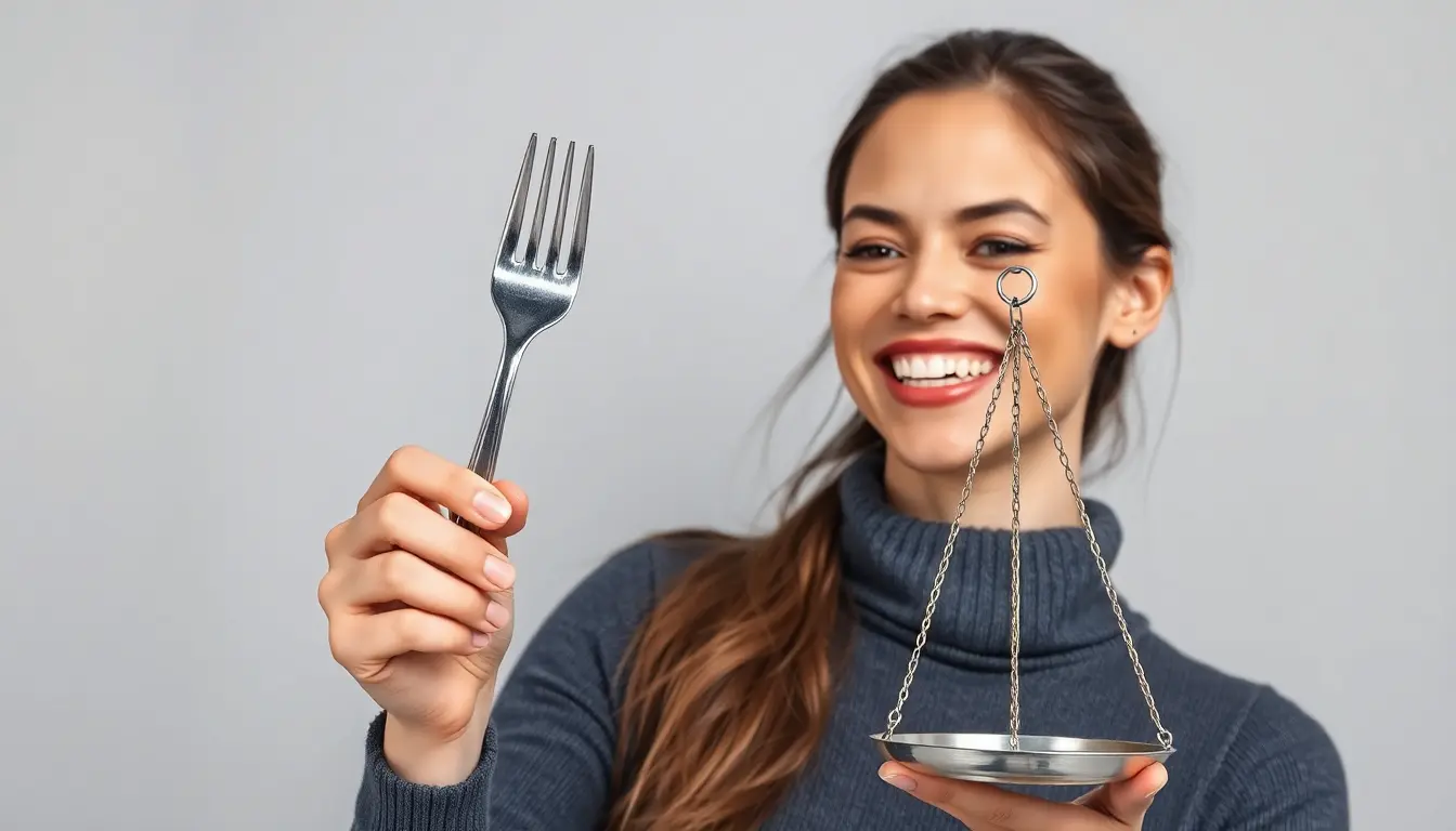 Ilustração de uma pessoa feliz e saudável, equilibrando a alimentação com um garfo e uma balança