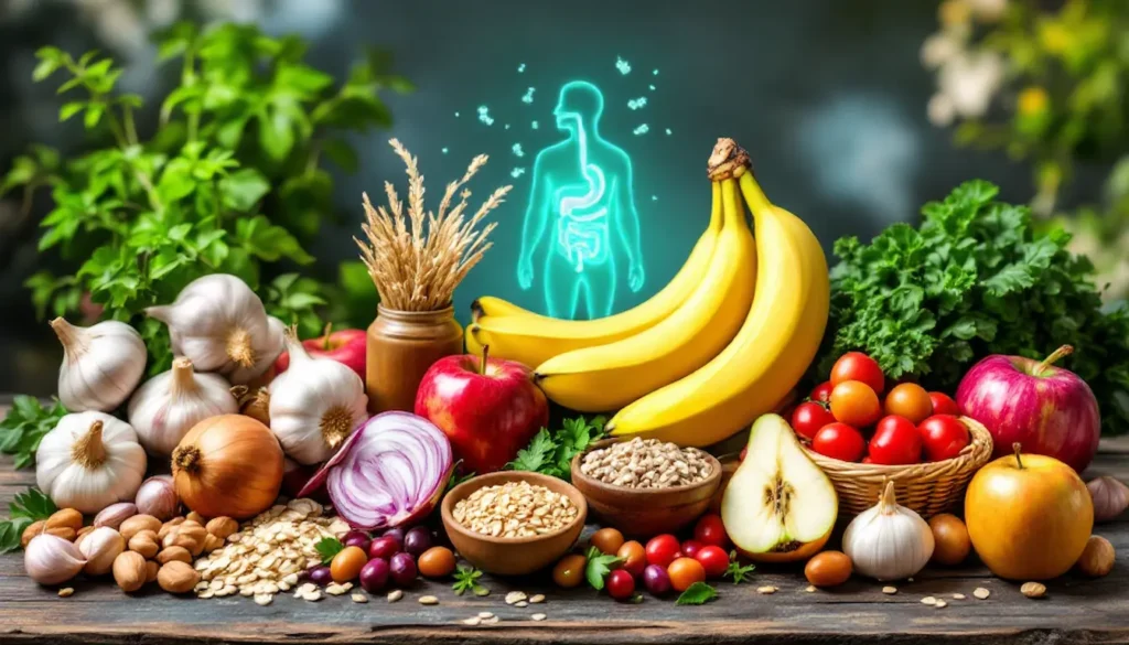 Mesa com diversos alimentos prebióticos como alho, cebola, banana, maçã, aveia e leguminosas, com ilustração sutil do sistema digestivo ao fundo, mostrando como esses alimentos nutrem as bactérias benéficas do intestino