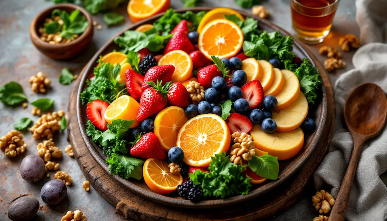 Prato colorido com alimentos ricos em antioxidantes naturais: frutas, folhas verdes, castanhas e chá.
