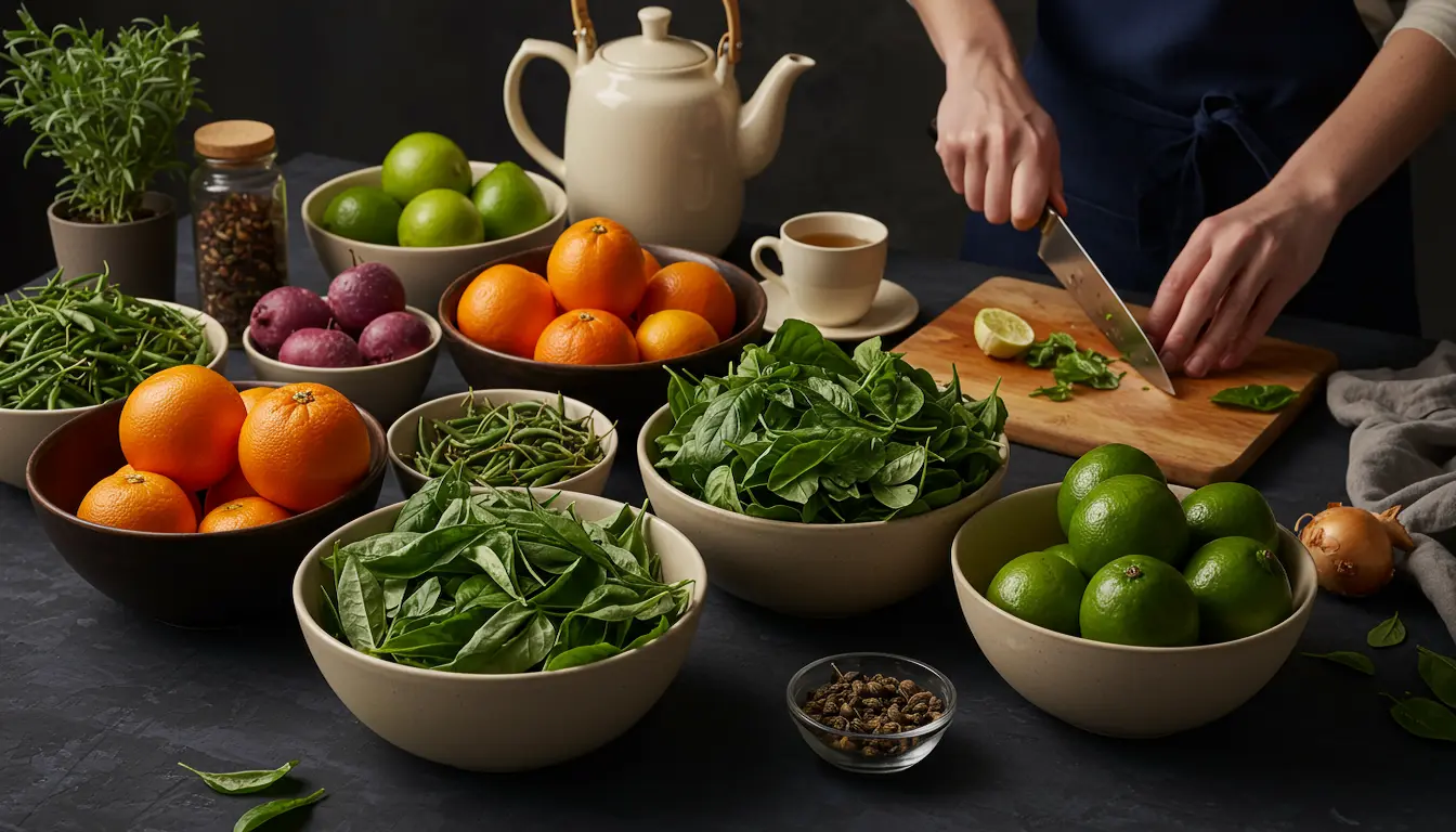 Mesa de cozinha com alimentos naturais sendo preparados e organizados para consumo no dia a dia.