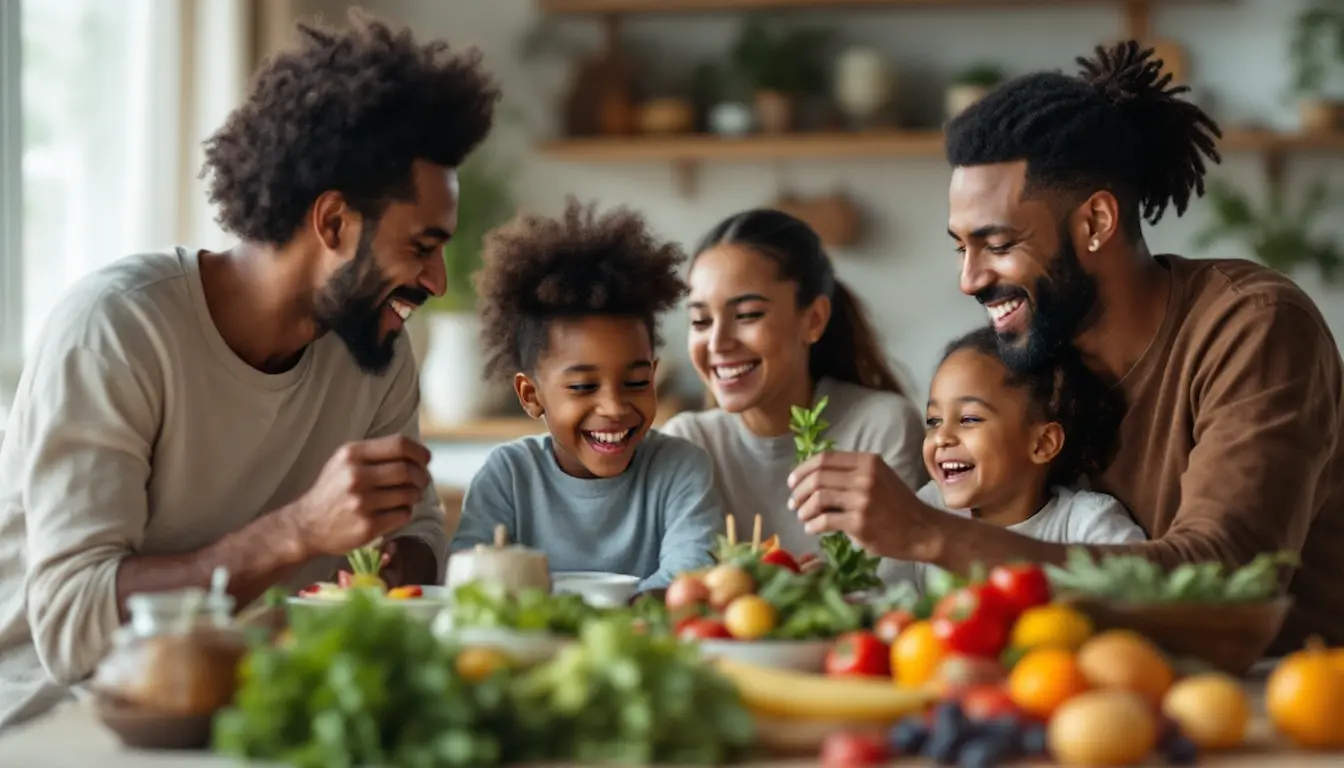 Família compartilhando alimentos frescos e naturais em clima de acolhimento.