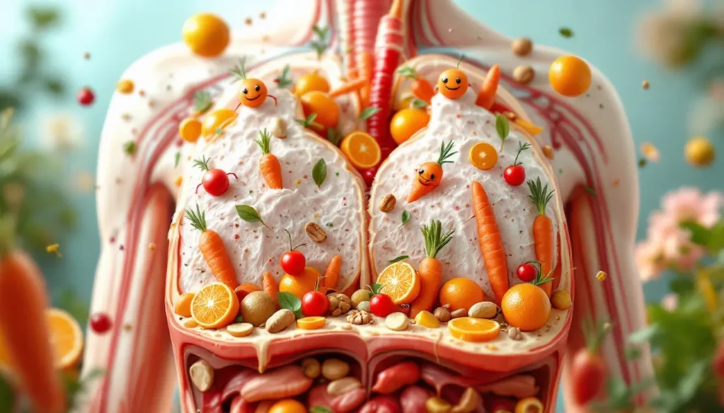 : Ilustração mostrando ação dos antioxidantes naturais limpando radicais livres, com frutas e sementes ao redor.