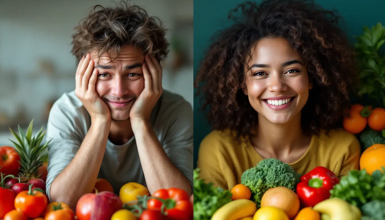Montagem comparativa mostrando os efeitos positivos de antioxidantes naturais no bem-estar e aparência da pele.